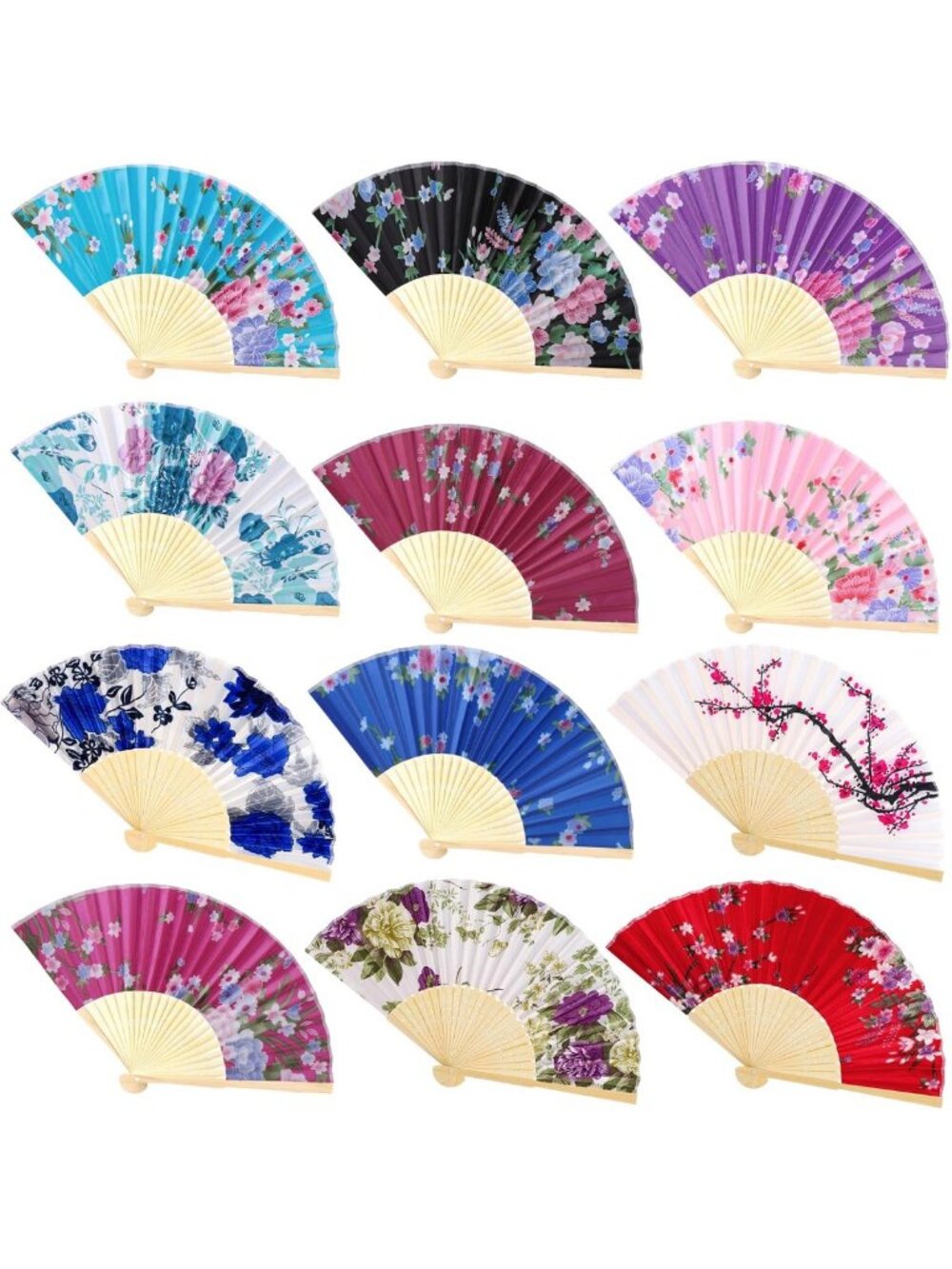 12 Floral Folding Fans - Silk Bamboo Handheld Vintage Decor for Weddings